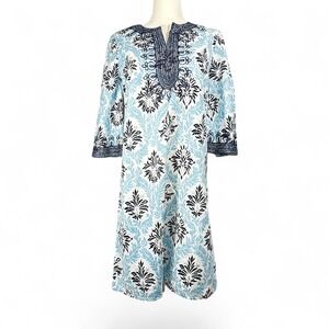 Calypso St Barth Blue Floral Cotton Tunic Dress XS Beaded V-Neck NWOT